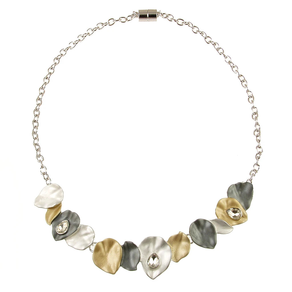 Origin Leaf Petal Crystal Gold/Lt Gray/Dk Gray Combination Necklace featuring alternating gold, silver, and gray petal-shaped charms interspersed with small teardrop crystals on a silver-tone chain.