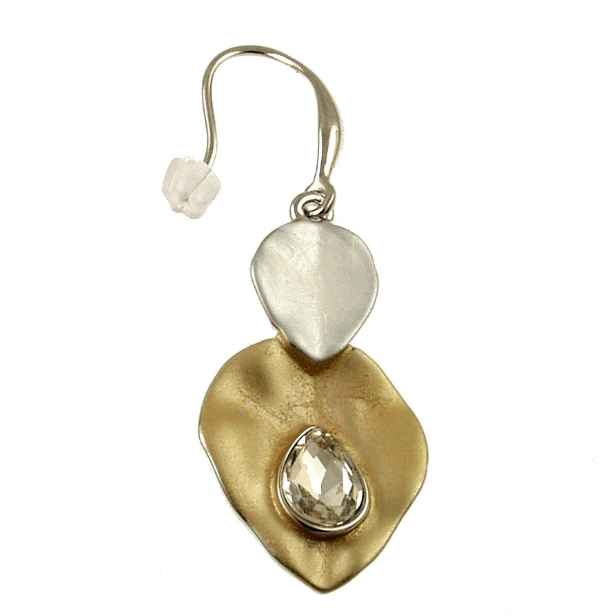 Origin Leaf Petal Crystal Gold/Lt Gray/Dk Gray Combination Necklace Set drop earring featuring a small silver petal shape suspended above a larger gold leaf petal, centered with a clear teardrop crystal.