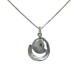 The Sterling Silver Spiral Freshwater Pearl Center Necklace by Mediterranean Artists Co. Sterling Silver features a unique spiral design with a pearl center on a sleek square-link chain.