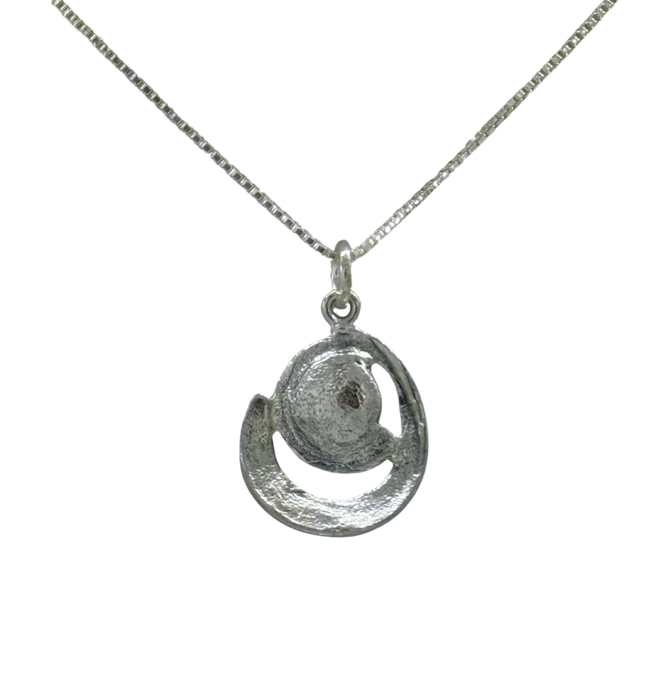 The Sterling Silver Spiral Freshwater Pearl Center Necklace by Mediterranean Artists Co. Sterling Silver features a unique spiral design with a pearl center on a sleek square-link chain.