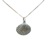 The Sterling Silver Freshwater Pearl in Shell Necklace by Mediterranean Artists Co. Sterling Silver features a scallop shell pendant with a pearl on a square-linked chain—perfect for gifting during our blowout sale.