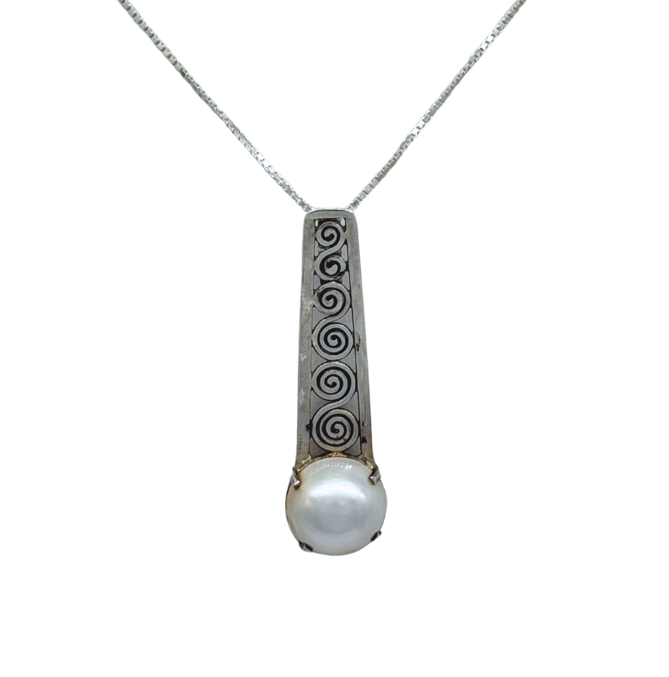 The Mediterranean Artists Co. Sterling Silver White Mabe Pearl Art Deco Necklace features an engraved swirl pendant with a round pearl on a thin chain. Shop elegant freshwater pearl necklaces in our blowout sale.