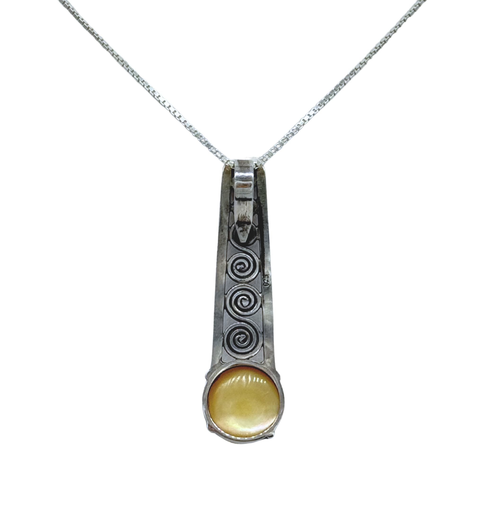 The White Mabe Pearl Art Deco Necklace by Mediterranean Artists Co. Sterling Silver features an elegant white pearl pendant on a sleek silver chain—ideal for those who love unique sterling silver jewelry.