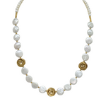 The Gold Plated Freshwater Pearl Collar with Swirls by Mediterranean Artists Co. Two Tone features round white pearls, three central gold spiral accents, gold-plated sterling silver, and small gold beads—a stunning choice for freshwater pearl necklace fans.