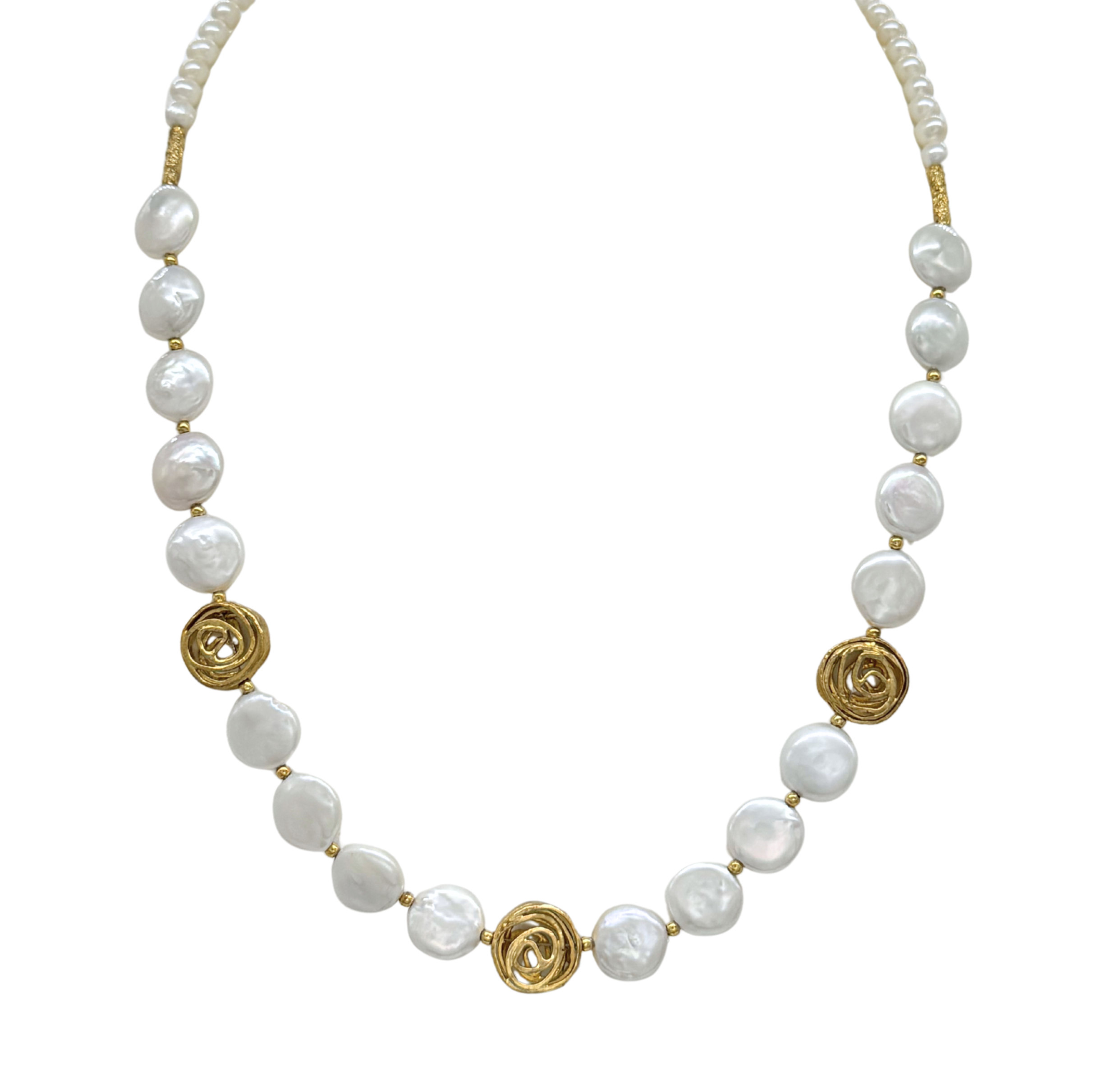 The Gold Plated Freshwater Pearl Collar with Swirls by Mediterranean Artists Co. Two Tone features round white pearls, three central gold spiral accents, gold-plated sterling silver, and small gold beads—a stunning choice for freshwater pearl necklace fans.