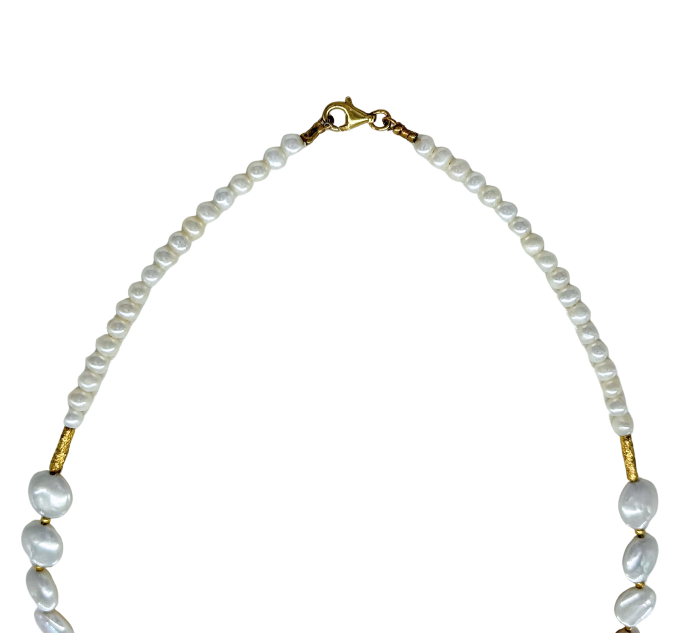 The Mediterranean Artists Co. Two Tone Gold Plated Freshwater Pearl Collar with Swirls features small white freshwater pearls, gold accents, and a gold-plated sterling silver lobster clasp, shown on a white background.