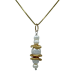 The Mediterranean Artists Co. Two Tone Gold Plated 3 Disc/5 Freshwater Pearl Necklace features stacked freshwater pearls and gold accents for a modern, elegant look—perfect to elevate any outfit.