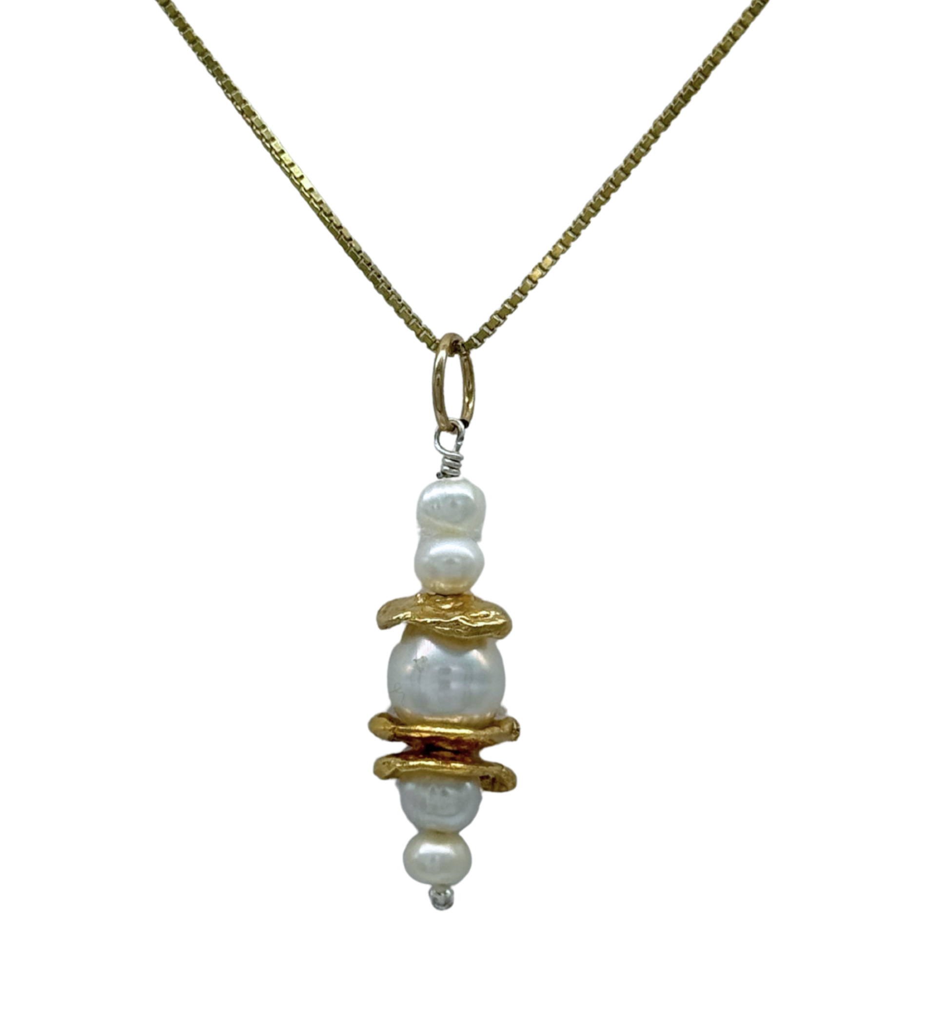 The Mediterranean Artists Co. Two Tone Gold Plated 3 Disc/5 Freshwater Pearl Necklace features stacked freshwater pearls and gold accents for a modern, elegant look—perfect to elevate any outfit.