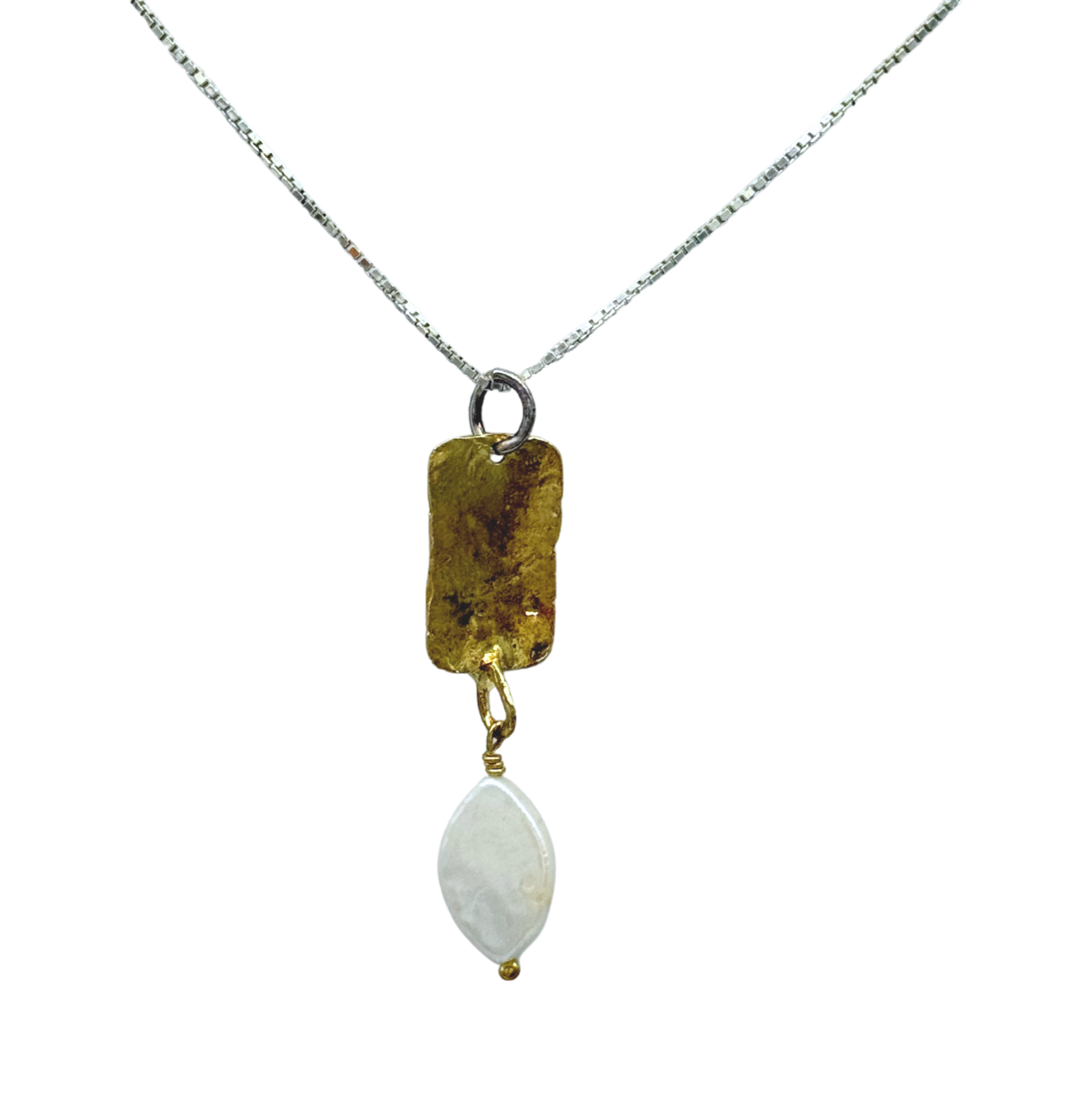 The Gold Plated Rectangle Freshwater Pearl Necklace by Mediterranean Artists Co. Two Tone features a thin silver chain with a gold plated rectangular pendant and a marquise-shaped freshwater pearl, blending classic elegance with modern design.