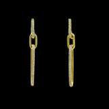 The Be-Je Designs Gold Pave CZ Double Link Earrings feature elongated 14kt gold rectangular links embellished with clear cubic zirconia, shown against a black background.