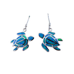 Jewelry Network’s Caribbean Opal Turtle/Full Shell Dangle Earrings feature 925 Sterling Silver turtles with blue and green inlaid patterns, shown on a white background.