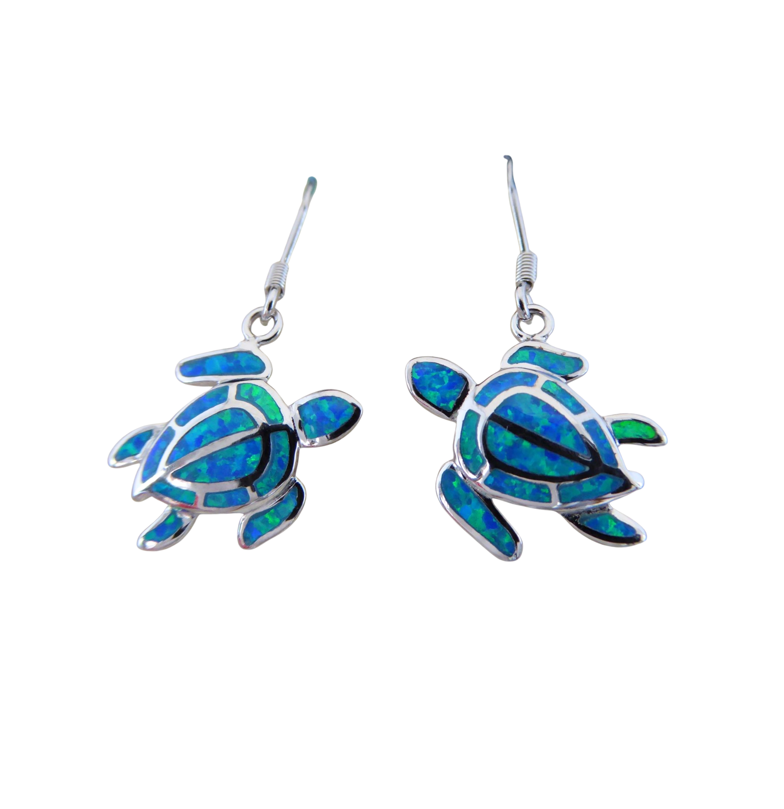 Jewelry Network’s Caribbean Opal Turtle/Full Shell Dangle Earrings feature 925 Sterling Silver turtles with blue and green inlaid patterns, shown on a white background.