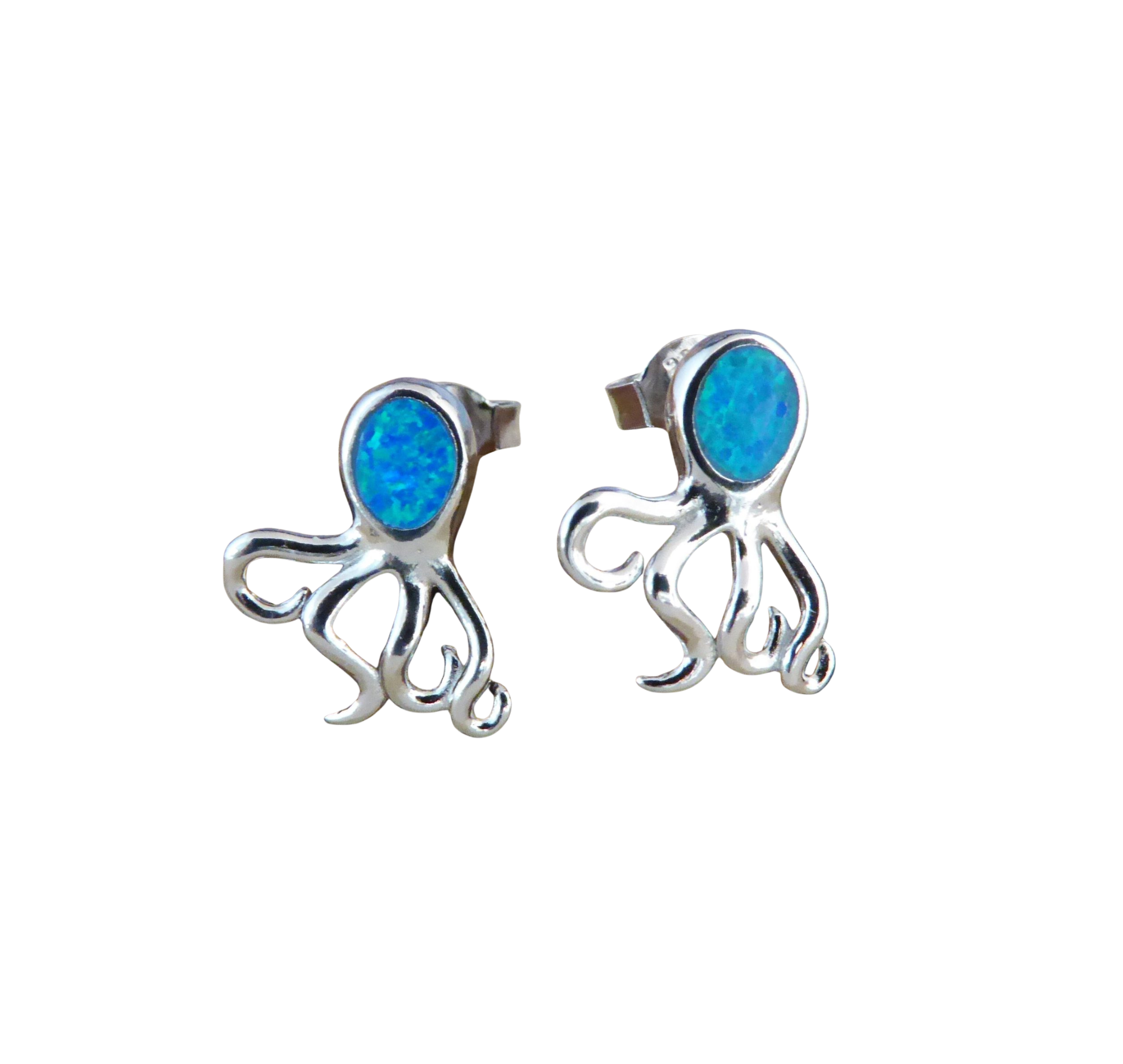 Jewelry Network's Caribbean Opal Octopus Post Earrings feature blue opal oval stones as octopus heads, crafted from 925 Sterling Silver and set against a white background.