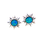 Jewelry Network’s Caribbean Opal Sun Post Earrings feature sun-shaped studs with round, iridescent blue-green synthetic opal centers in 925 Sterling Silver, shown on a white background.