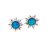 Jewelry Network’s Caribbean Opal Sun Post Earrings feature sun-shaped studs with round, iridescent blue-green synthetic opal centers in 925 Sterling Silver, shown on a white background.