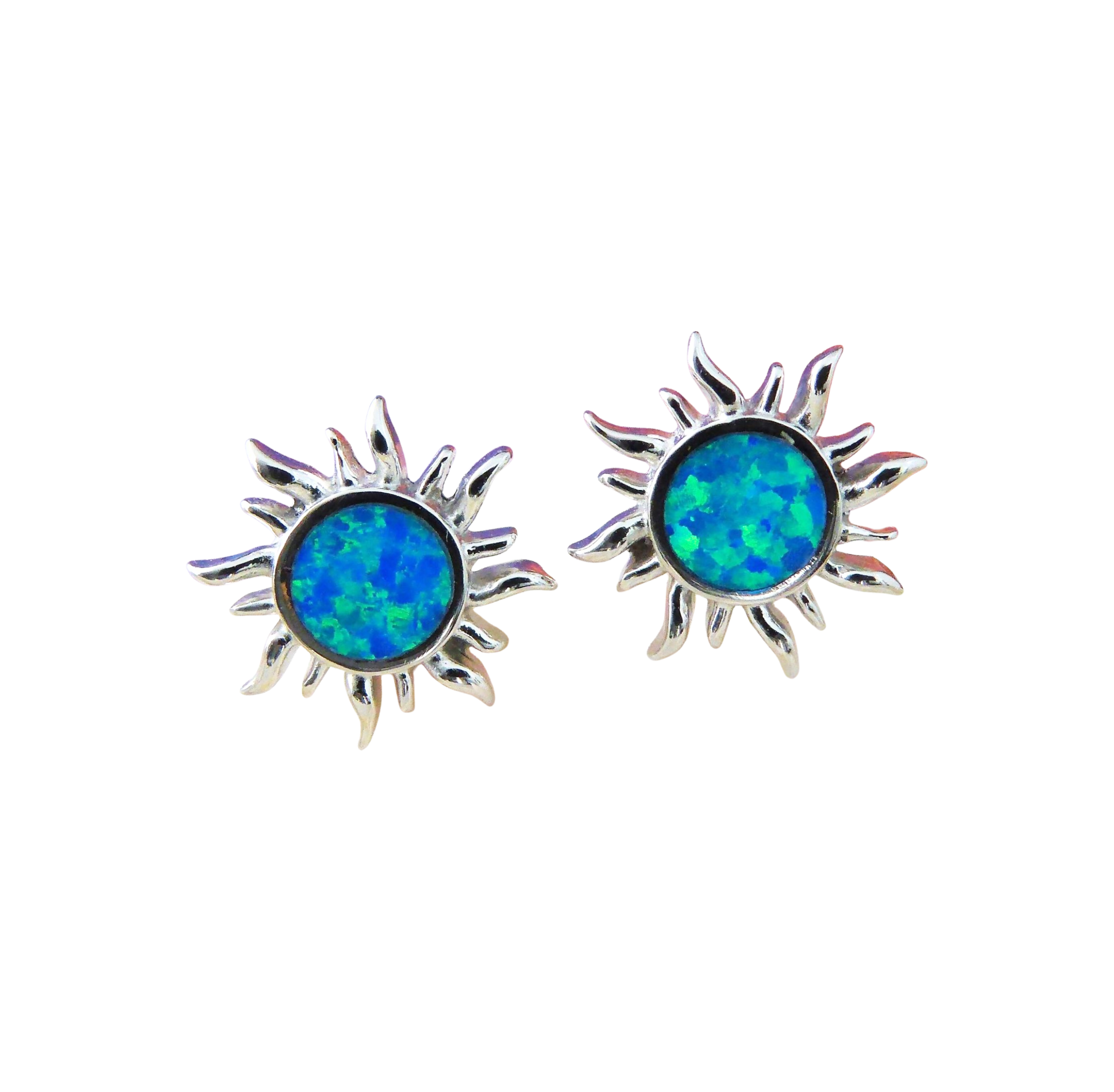 Jewelry Network’s Caribbean Opal Sun Post Earrings feature sun-shaped studs with round, iridescent blue-green synthetic opal centers in 925 Sterling Silver, shown on a white background.