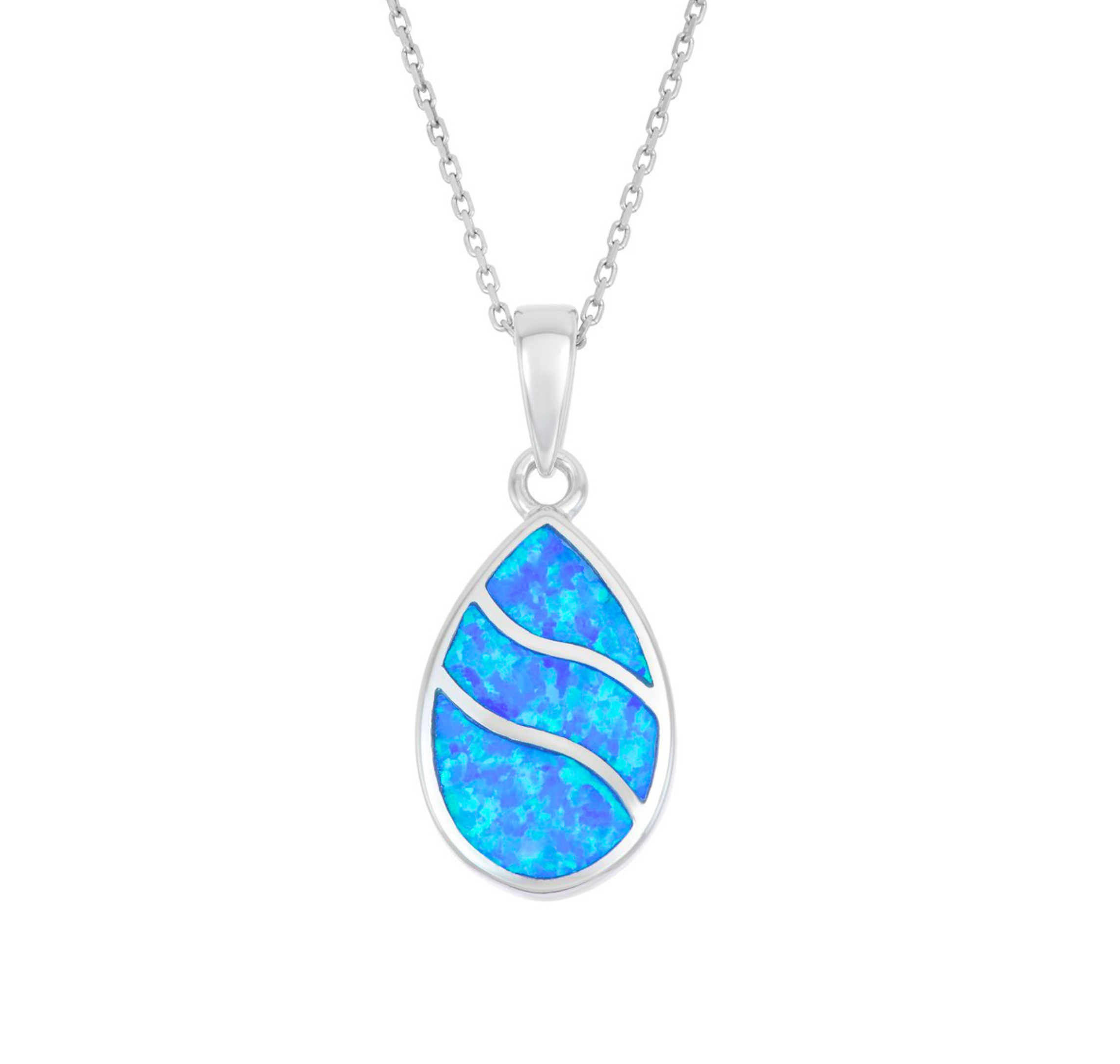 The Classic of New York Caribbean Opal Inlay Wavy Design Teardrop Necklace features a vibrant blue opal inlay and silver wave details, perfect for fans of elegant opal jewelry and Caribbean-inspired styles.