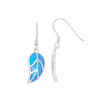 The Classic of New York Caribbean Opal Inlay Leaf Dangle Earrings feature sterling silver leaf shapes with blue opal inlays and fine vein details, displayed against a white background.