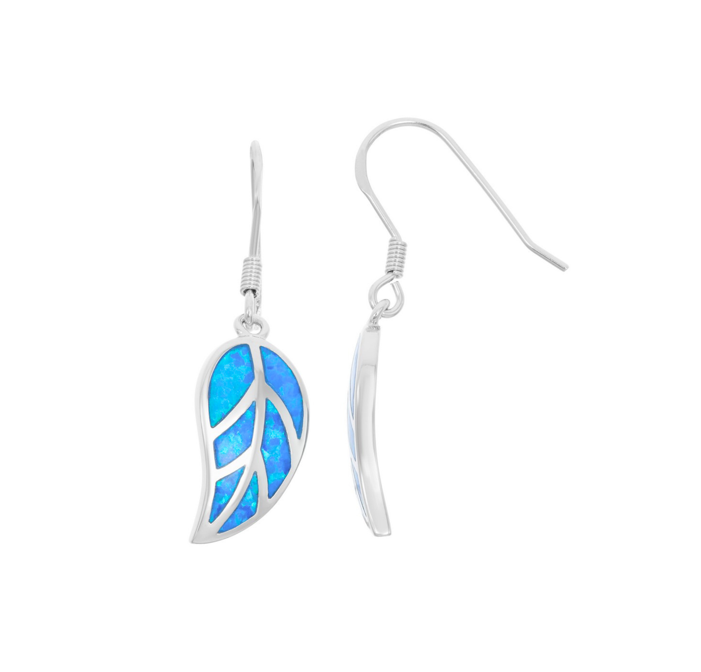 The Classic of New York Caribbean Opal Inlay Leaf Dangle Earrings feature sterling silver leaf shapes with blue opal inlays and fine vein details, displayed against a white background.