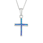 The Caribbean Opal Inlay Cross Necklace with chain by Classic of New York features a sterling silver cross and blue-green opal inlay, displayed on a plain white background.