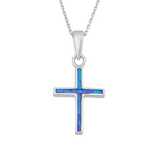 The Caribbean Opal Inlay Cross Necklace with chain by Classic of New York features a sterling silver cross and blue-green opal inlay, displayed on a plain white background.