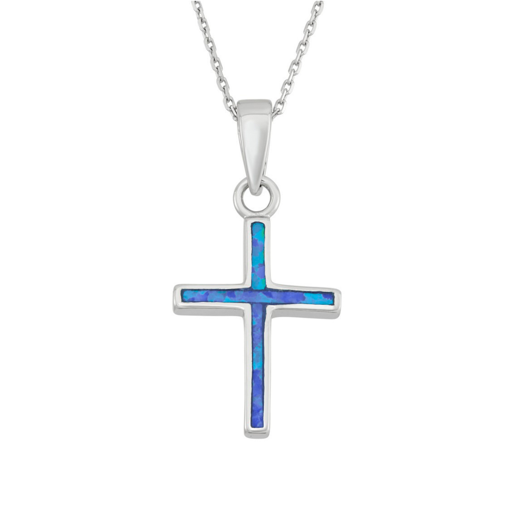The Caribbean Opal Inlay Cross Necklace with chain by Classic of New York features a sterling silver cross and blue-green opal inlay, displayed on a plain white background.
