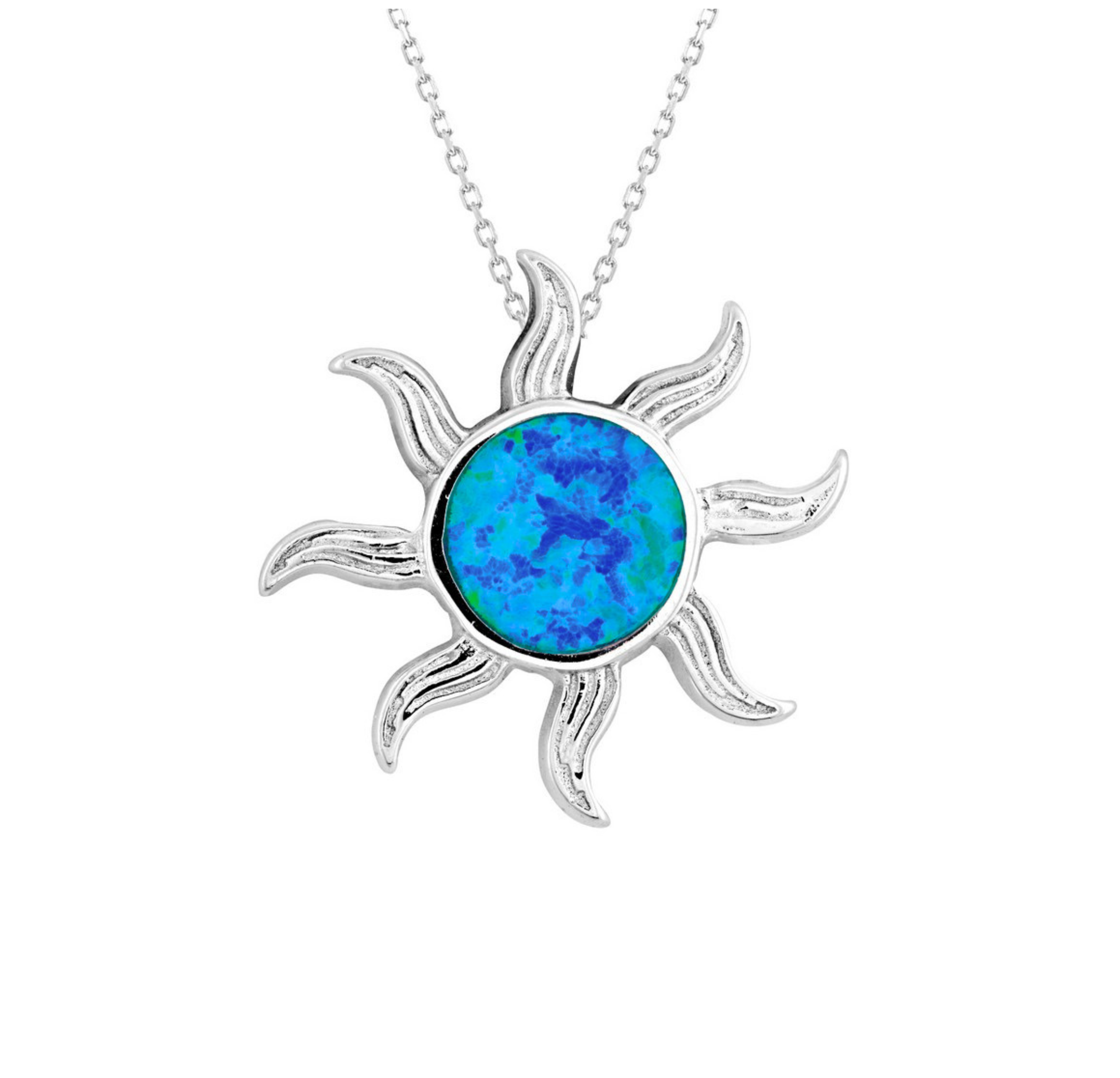 The Classic of New York Caribbean Opal Inlay Sun Pendant features a sterling silver sun-shaped design with a blue-green opal centerpiece on a delicate chain.