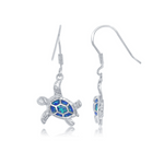 Classic of New York's Caribbean Opal Turtle Dangle Earrings feature sterling silver sea turtle shapes with blue and green iridescent inlays, reminiscent of Caribbean opal, displayed on a white background.