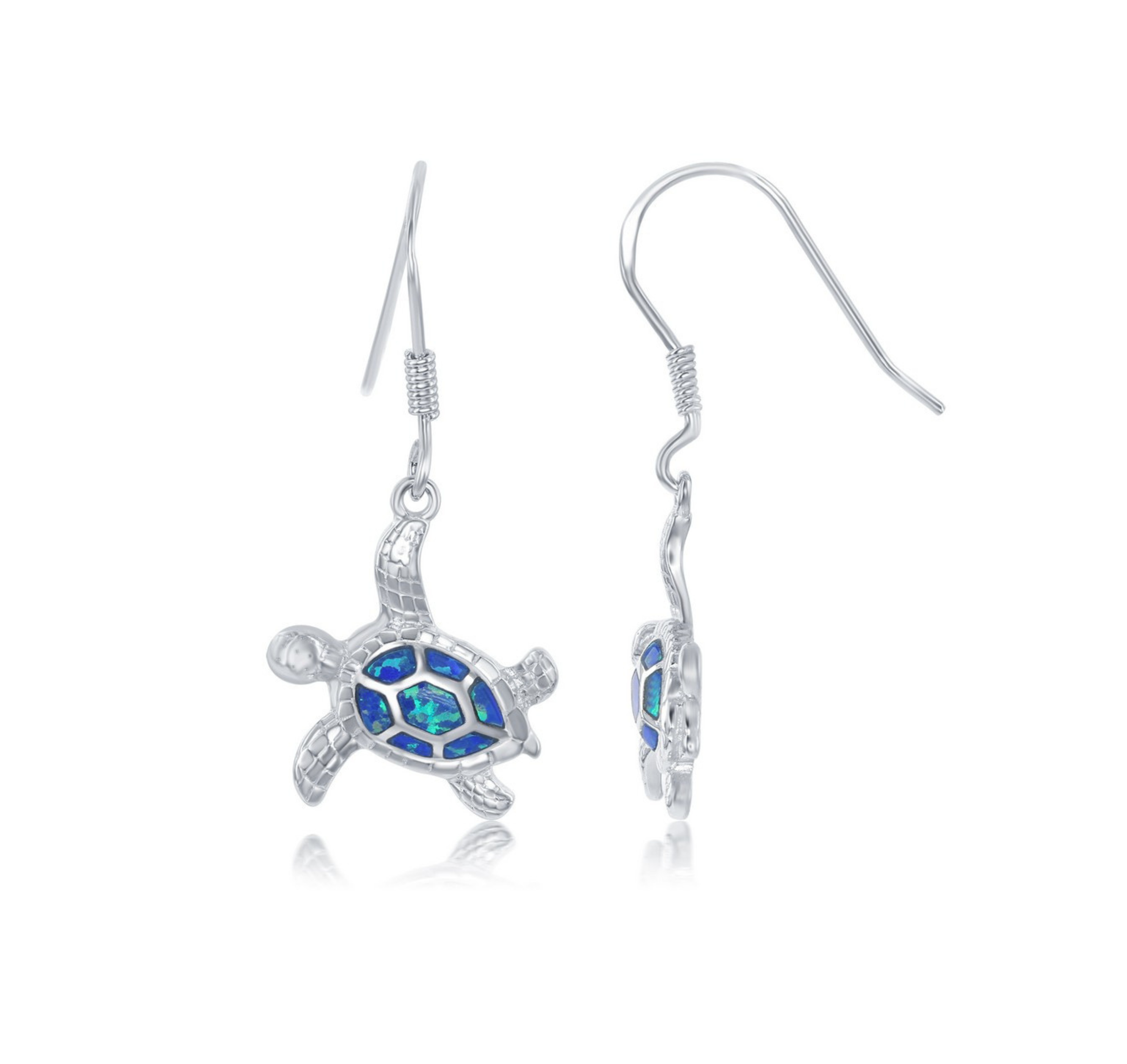 Classic of New York's Caribbean Opal Turtle Dangle Earrings feature sterling silver sea turtle shapes with blue and green iridescent inlays, reminiscent of Caribbean opal, displayed on a white background.