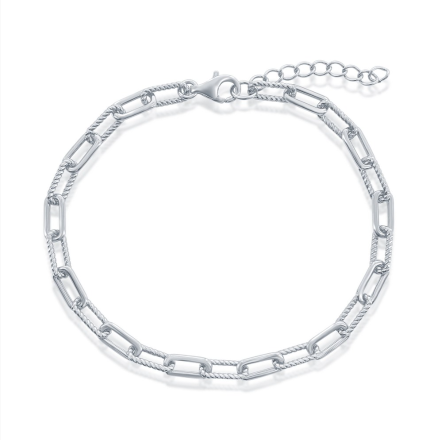 The Sterling Silver Polished & Rope Paperclip Bracelet by Classic of New York features elongated oval links, a lobster clasp, and an adjustable extension chain for a perfect fit.