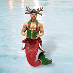 The Rudy Ornament from December Diamonds features a festive merman with red scales, an antler headband, and a red nose, holding a gift. He wears a green and red striped scarf, set against shimmering water—perfect for your holiday decor.
