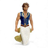The Salty Seaman Ornament by December Diamonds features a muscular merman with brown curly hair, a blue and gold vest, and a white-gold tail—perfect for unique holiday decor or adding flair to your Merman ornaments collection.