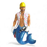 The Power Tool Ornament by December Diamonds is a hand-painted figurine of a bearded merman in a construction helmet, plaid shirt, and tool belt with a blue-scaled tail—ideal for holiday decor or as a standout Mermaid ornament.