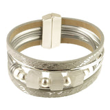 Origin Matte Silver/Light Gray Resin Magnetic Bracelet featuring multi-strand silver-toned bands, light gray textured straps, alternating metal beads, light gray square resin spacers, and a magnetic clasp.