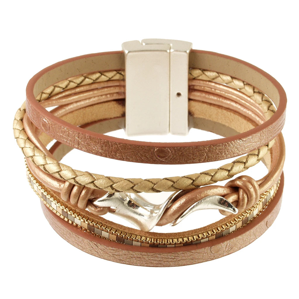 Origin Matte Silver/Light Brown Twist-Tile Bracelet featuring braided and flat bands in metallic silver and light brown, centered with a silver-tone twisted metal accent and a gold magnetic clasp.
