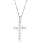 The Classic of New York Sterling Silver Round Prong Set CZ Cross Necklace features a dazzling cross pendant adorned with round cubic zirconia for a timeless, elegant look.