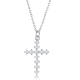 The Classic of New York Sterling Silver Round Prong Set CZ Cross Necklace features a dazzling cross pendant adorned with round cubic zirconia for a timeless, elegant look.