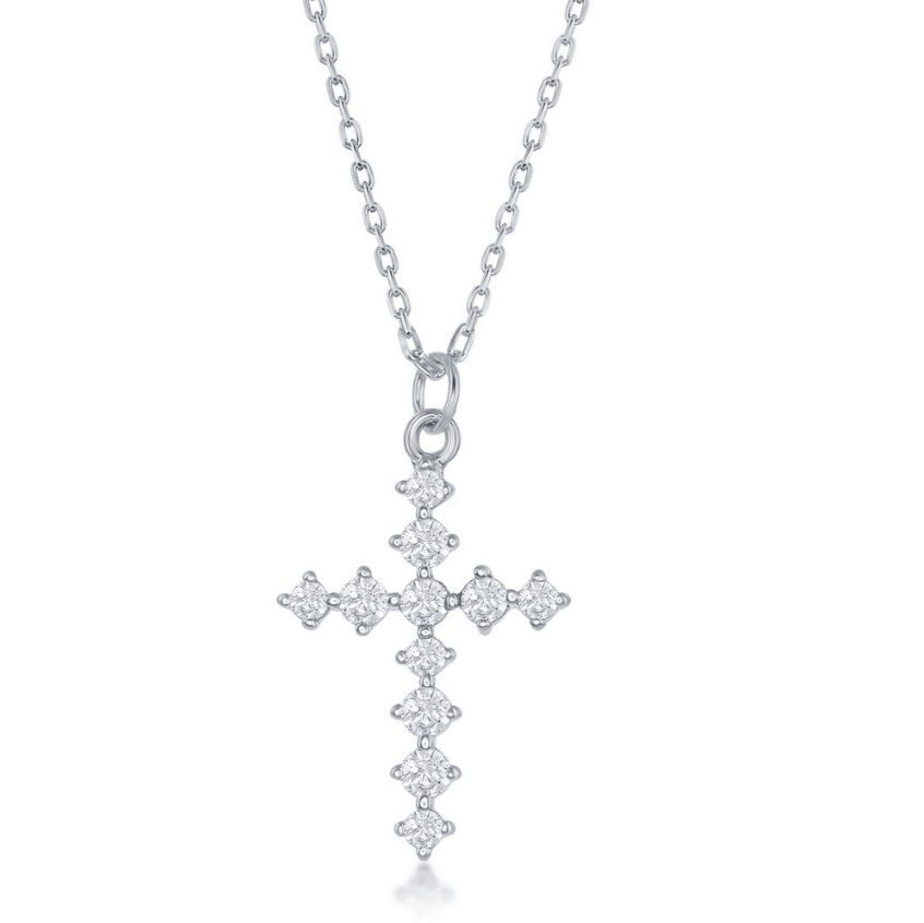 The Classic of New York Sterling Silver Round Prong Set CZ Cross Necklace features a dazzling cross pendant adorned with round cubic zirconia for a timeless, elegant look.
