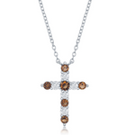 The Classic of New York Sterling Silver Birthstone Cross (January) Necklace features a cross pendant with alternating brown and clear gemstones, displayed against a plain white background.