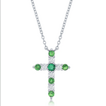 The Classic of New York Sterling Silver Birthstone Cross (May) Necklace features alternating round green and clear stones, making it an elegant emerald or May birthstone jewelry piece, shown on a white background.