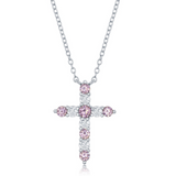 The Classic of New York Sterling Silver Birthstone Cross (October) Necklace features a cross pendant with alternating pink CZ and clear gemstones for an elegant touch.