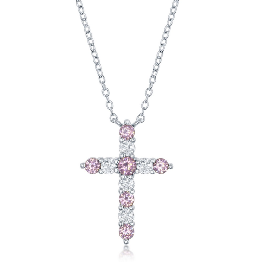 The Classic of New York Sterling Silver Birthstone Cross (October) Necklace features a cross pendant with alternating pink CZ and clear gemstones for an elegant touch.