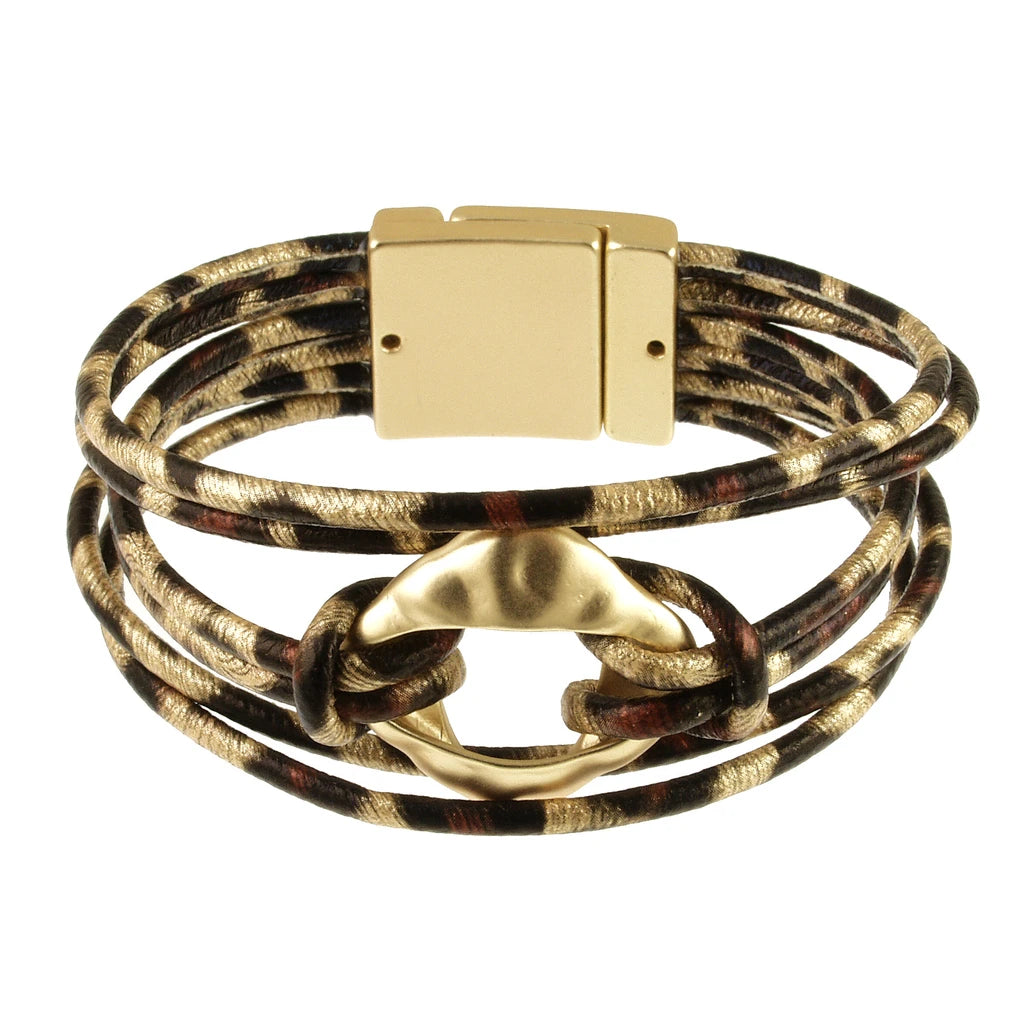 Origin Light Matte Gold/Leopard Print Magnetic Bracelet featuring multi-strand leopard print cords with a matte gold center accent and clasp.