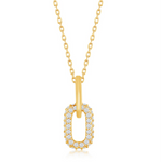 The Classic of New York Gold Plated Micro Pave CZ Paperclip Necklace showcases a vertically hanging oval pendant adorned with sparkling white stones, displayed against a plain white background.