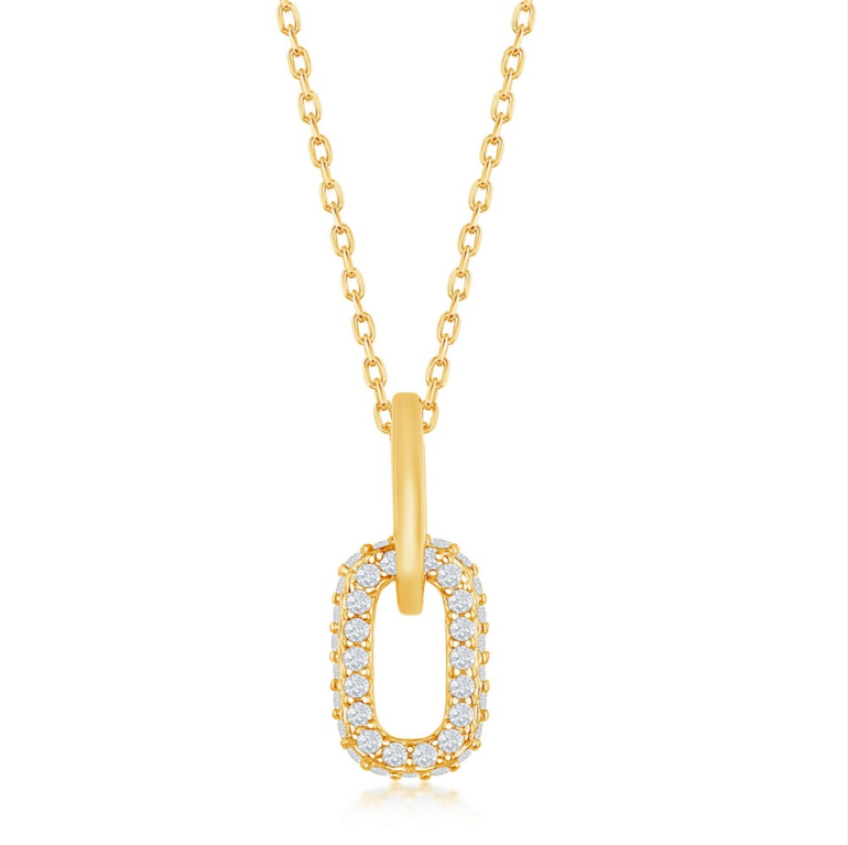 The Classic of New York Gold Plated Micro Pave CZ Paperclip Necklace showcases a vertically hanging oval pendant adorned with sparkling white stones, displayed against a plain white background.