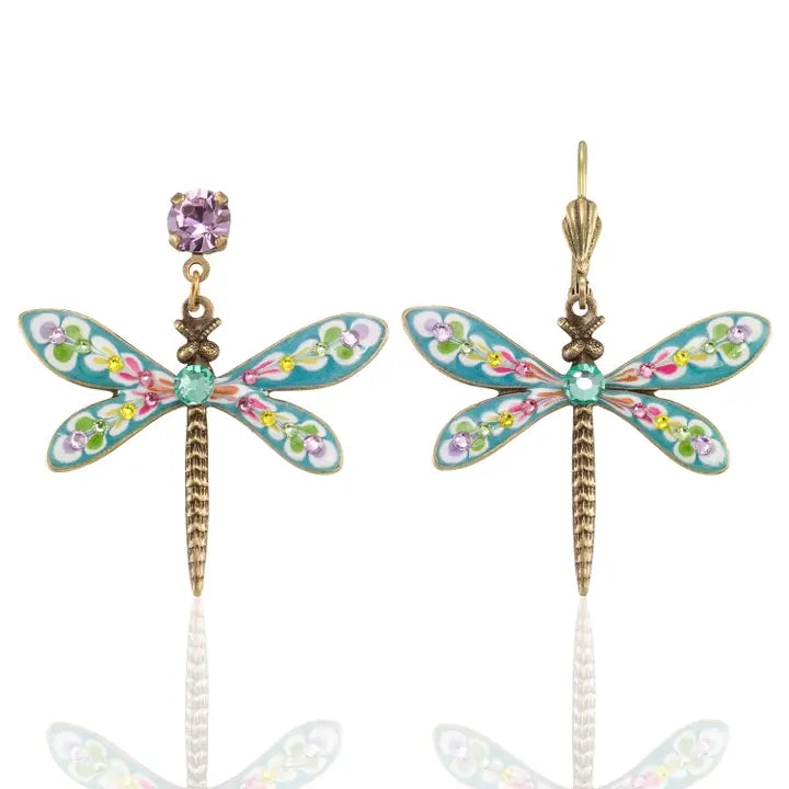 Brite Bloom Cascade Bouquet Dragonfly Crystal Dangle Earrings by Anne Koplik Designs, Inc. feature colorful enamel wings, floral accents, gold-toned bodies, and mismatched studs—a purple gem on one and a gold hook. Handmade rainbow jewelry in the USA.
