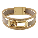 Origin Light Matte Gold/Taupe/Topaz Glass Bracelet featuring multi-strand taupe and gold-textured glass, a rectangular gold clasp, and a single amber-colored crystal center.