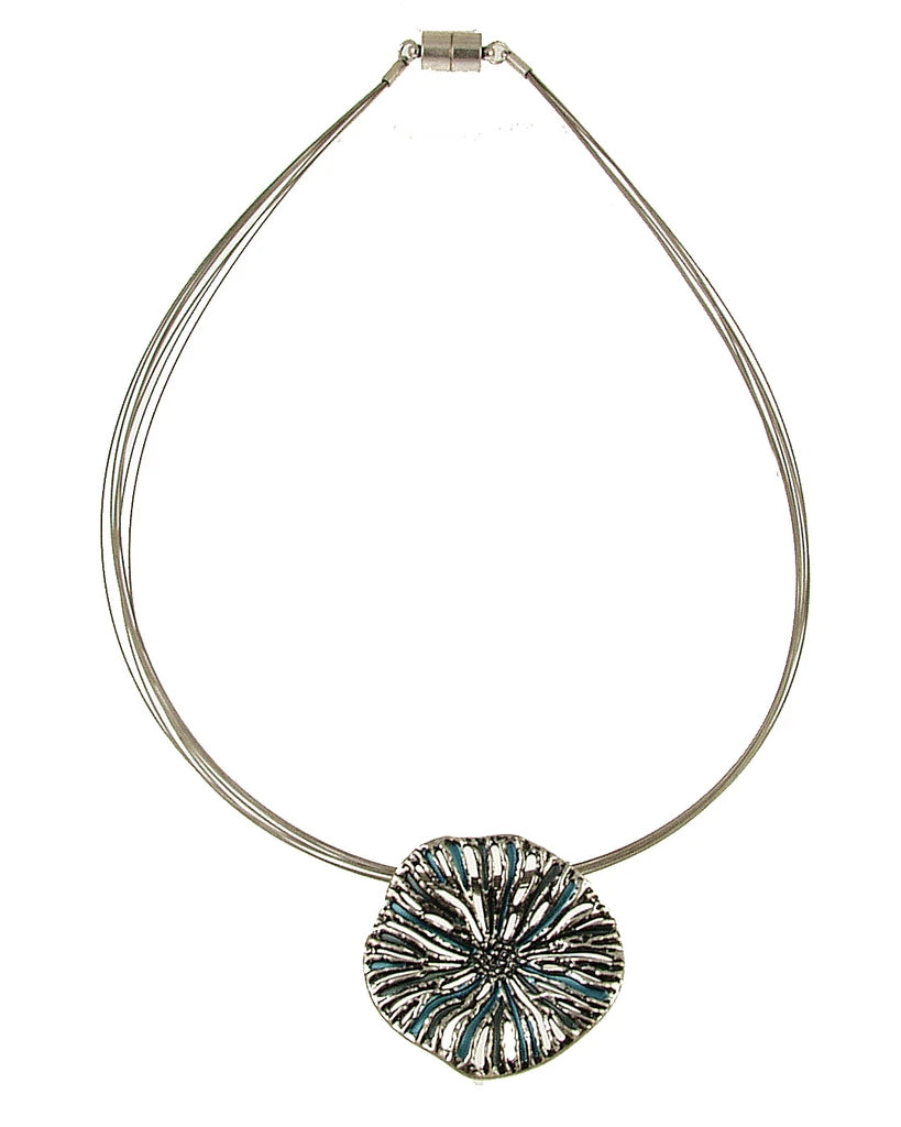 Origin Textured Round Organic Pendant Silver/Blue Necklace Set featuring a silver multi-strand wire design, an organic textured round pendant with blue accents, and a magnetic closure.