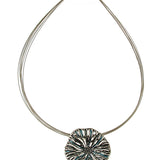 Origin Textured Round Organic Pendant Silver/Blue Necklace Set featuring a silver multi-strand wire design, an organic textured round pendant with blue accents, and a magnetic closure.