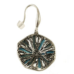 Textured Round Organic Pendant Silver/Blue Necklace Set featuring a silver drop earring with an organic pendant, a round, textured metal finish, and blue inlaid detail.